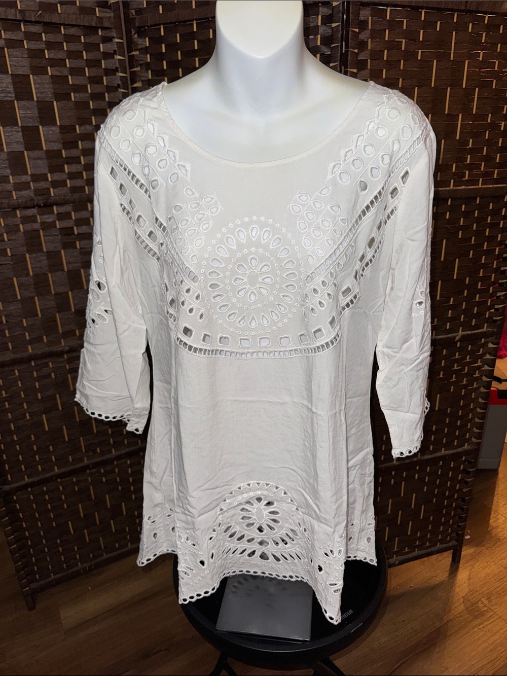 White Eyelet Embroidered Tunic - Lightweight Women's Top, medium